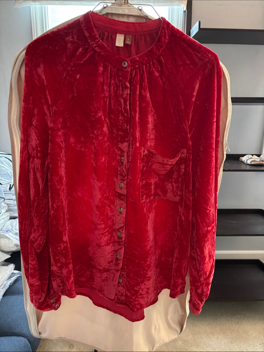 Anthropologie Red Velvet Button-Down Shirt